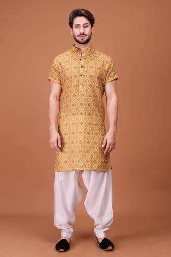 Yellow Cotton Printed Short Sleeve Only Kurta For Mens