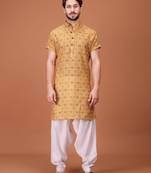 Yellow Cotton Printed Short Sleeve Only Kurta For Mens