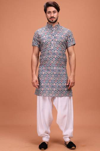 Grey Cotton Printed Short Sleeve Only Kurta For Mens