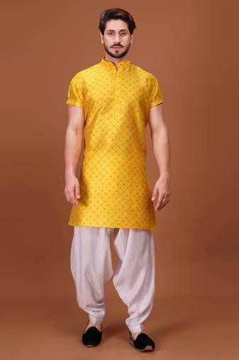 Yellow Cotton Printed Short Sleeve Only Kurta For Mens