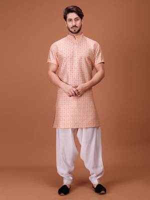 Cream Cotton Printed Short Sleeve Only Kurta For Mens 1