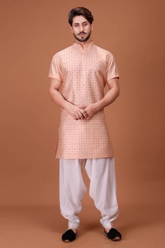 Cream Cotton Printed Short Sleeve Only Kurta For Mens