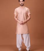 Cream Cotton Printed Short Sleeve Only Kurta For Mens