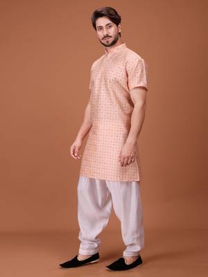 Cream Cotton Printed Short Sleeve Only Kurta For Mens 3