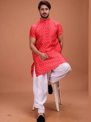 Red Cotton Printed Short Sleeve Only Kurta For Mens 1