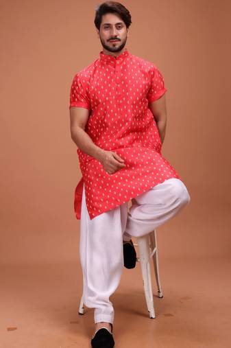 Red Cotton Printed Short Sleeve Only Kurta For Mens