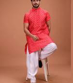 Red Cotton Printed Short Sleeve Only Kurta For Mens