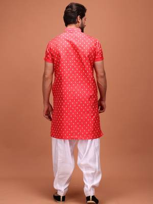 Red Cotton Printed Short Sleeve Only Kurta For Mens 2