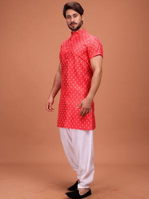 Red Cotton Printed Short Sleeve Only Kurta For Mens 3