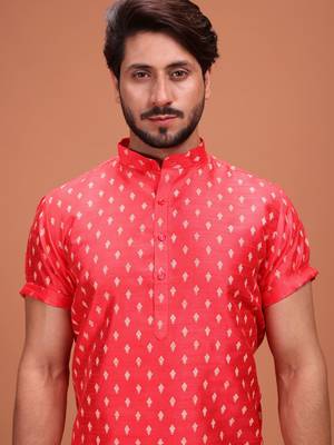 Red Cotton Printed Short Sleeve Only Kurta For Mens 4