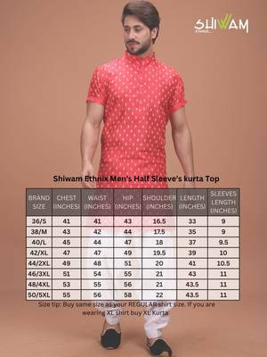Red Cotton Printed Short Sleeve Only Kurta For Mens 5