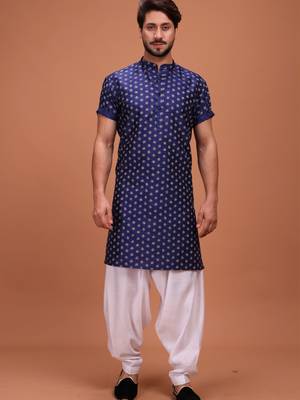Blue Cotton Printed Short Sleeve Only Kurta For Mens 1