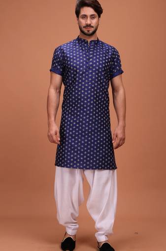 Blue Cotton Printed Short Sleeve Only Kurta For Mens