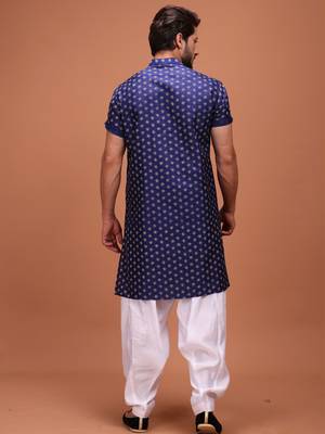 Blue Cotton Printed Short Sleeve Only Kurta For Mens 2