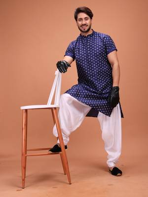 Blue Cotton Printed Short Sleeve Only Kurta For Mens 3
