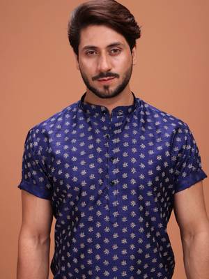 Blue Cotton Printed Short Sleeve Only Kurta For Mens 4
