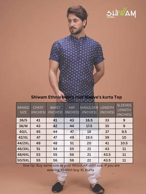 Blue Cotton Printed Short Sleeve Only Kurta For Mens 5