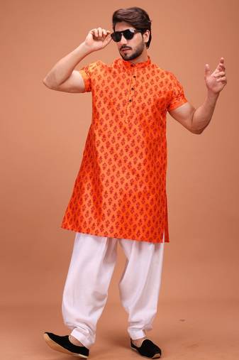 Orange Cotton Printed Short Sleeve Only Kurta For Mens