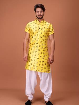 Yellow Cotton Printed Short Sleeve Only Kurta For Mens 1