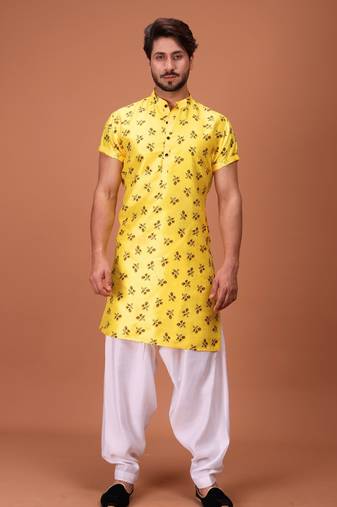 Yellow Cotton Printed Short Sleeve Only Kurta For Mens