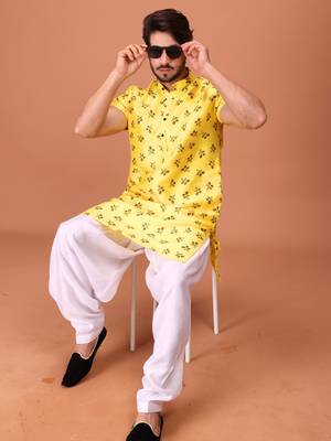 Yellow Cotton Printed Short Sleeve Only Kurta For Mens 3