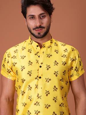 Yellow Cotton Printed Short Sleeve Only Kurta For Mens 4