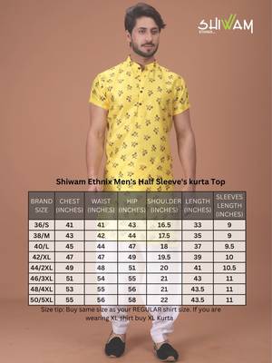 Yellow Cotton Printed Short Sleeve Only Kurta For Mens 5
