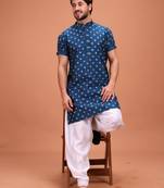 Blue Cotton Printed Short Sleeve Only Kurta For Mens