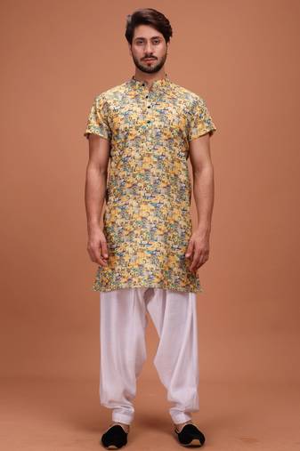 Yellow Cotton Printed Short Sleeve Only Kurta For Mens