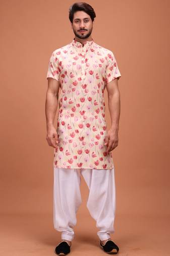 Yellow Cotton Printed Short Sleeve Only Kurta For Mens