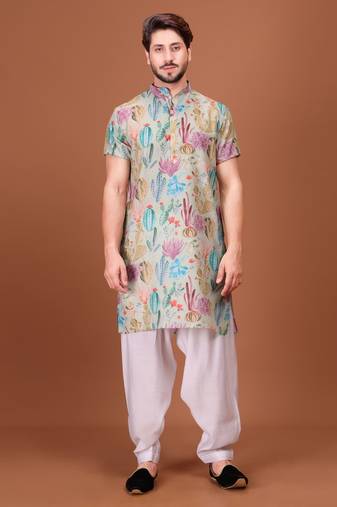 Multicolor Cotton Printed Short Sleeve Only Kurta For Mens