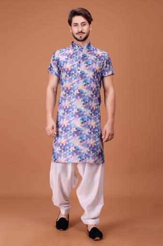 Multicolor Cotton Printed Short Sleeve Only Kurta For Mens