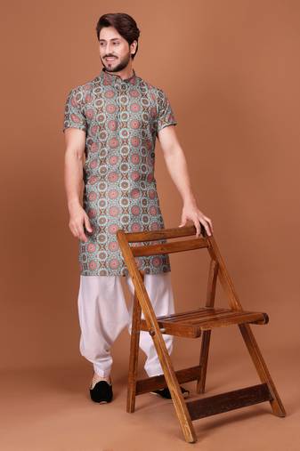 Multicolor Cotton Printed Short Sleeve Only Kurta For Mens