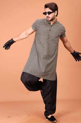 Black Cotton Printed Short Sleeve Only Kurta For Mens