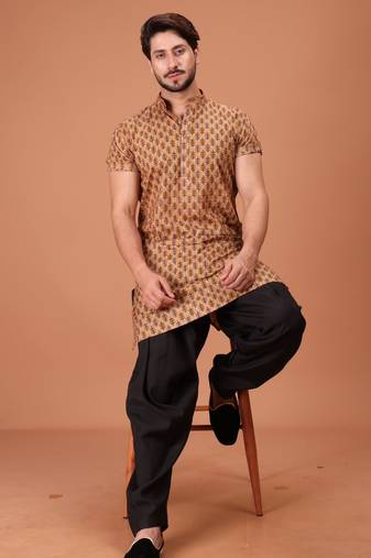 Brown Cotton Printed Short Sleeve Only Kurta For Mens