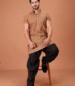 Brown Cotton Printed Short Sleeve Only Kurta For Mens