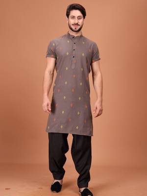 Grey Cotton Printed Short Sleeve Only Kurta For Mens 1