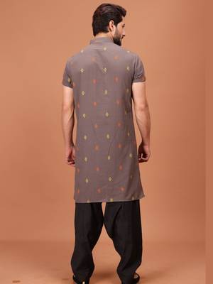Grey Cotton Printed Short Sleeve Only Kurta For Mens 2