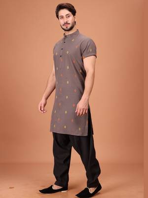 Grey Cotton Printed Short Sleeve Only Kurta For Mens 3
