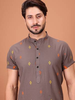 Grey Cotton Printed Short Sleeve Only Kurta For Mens 4