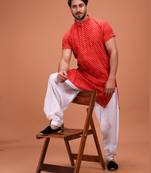 Red Cotton Printed Short Sleeve Only Kurta For Mens