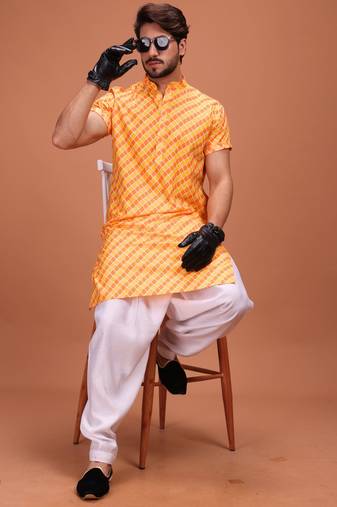 Yellow and Orange Cotton Printed Short Sleeve Only Kurta For Mens