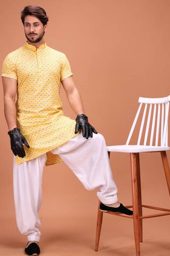 Yellow Cotton Printed Short Sleeve Only Kurta For Mens