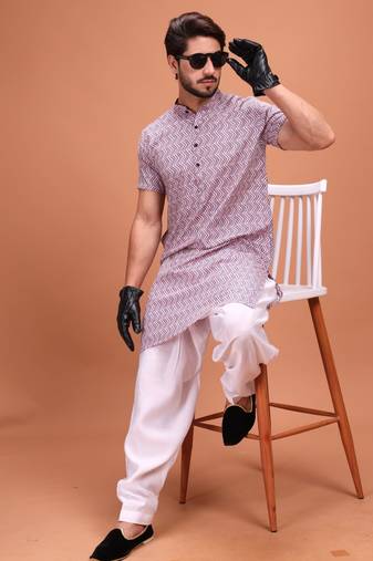 Purple Cotton Printed Short Sleeve Only Kurta For Mens