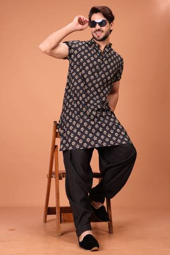 Black Cotton Printed Short Sleeve Only Kurta For Mens