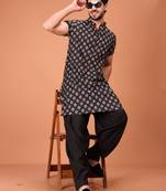 Black Cotton Printed Short Sleeve Only Kurta For Mens