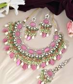 Regal pink carved stone & kundan bridal necklace set