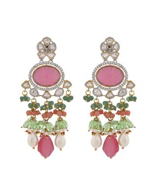 Regal pink carved stone & kundan bridal necklace set 2