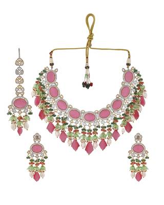 Regal pink carved stone & kundan bridal necklace set 3