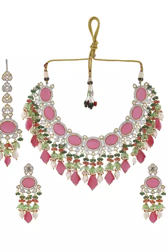 Regal pink carved stone & kundan bridal necklace set